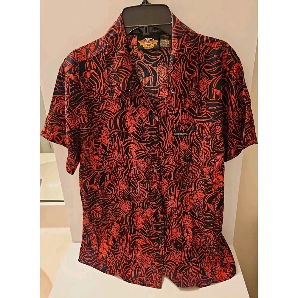 Harley Davidson Women's Short Sleeve Button Down Eagle/Flag Shirt - Size Small